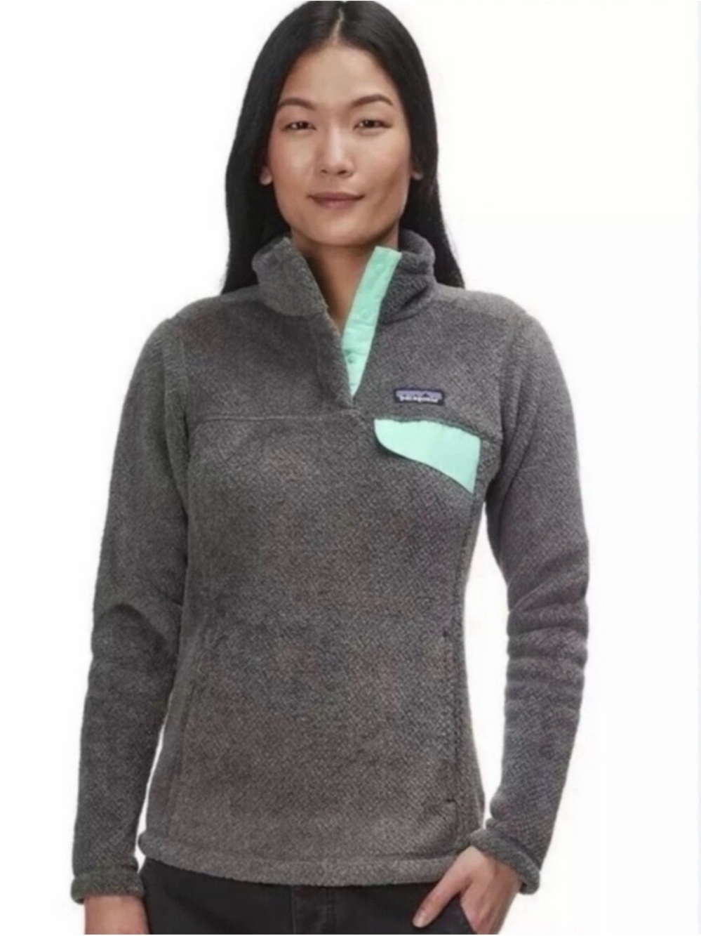 Patagonia Gray Fleece Pullover with Mint Accents